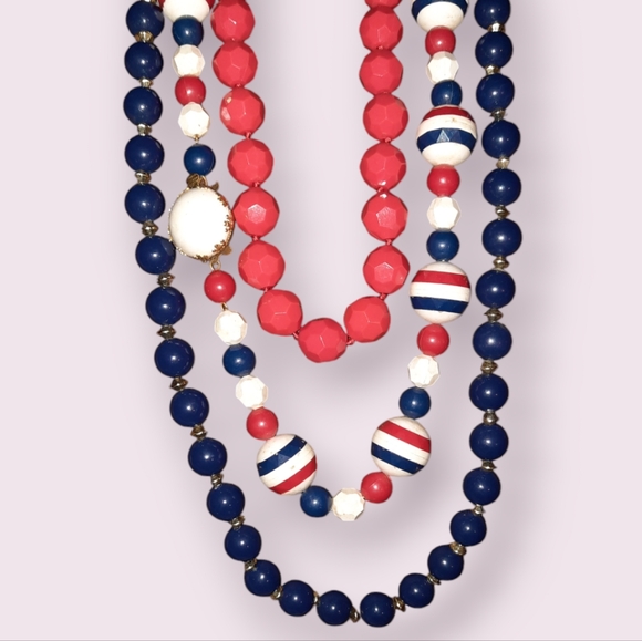 Vintage Jewelry - Beaded vintage necklace lot red white and blue 80s Signed